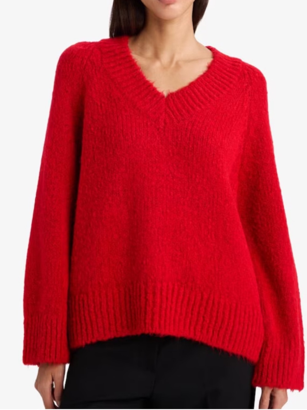 Aerie Red boucle ribbed collar hem V-Neck Cozy Women's Sweater small